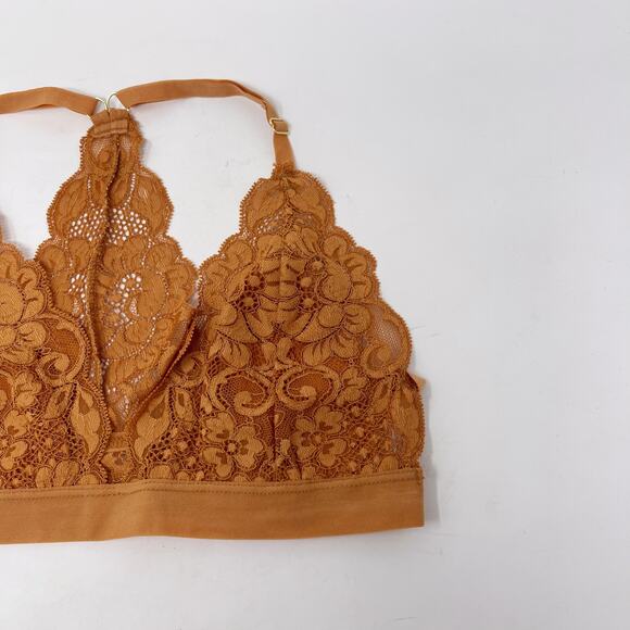We Are HAH Medium M Brown Sugar Orange Lace Racerback Bra Bralette Deep V Neck - Picture 3 of 11